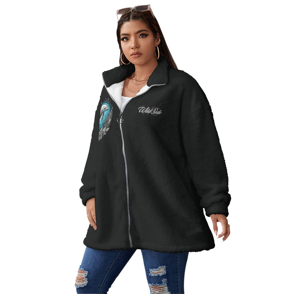 Dolphin - Unisex Borg Fleece Stand-up Collar Coat With Zipper Closure(Plus Size)