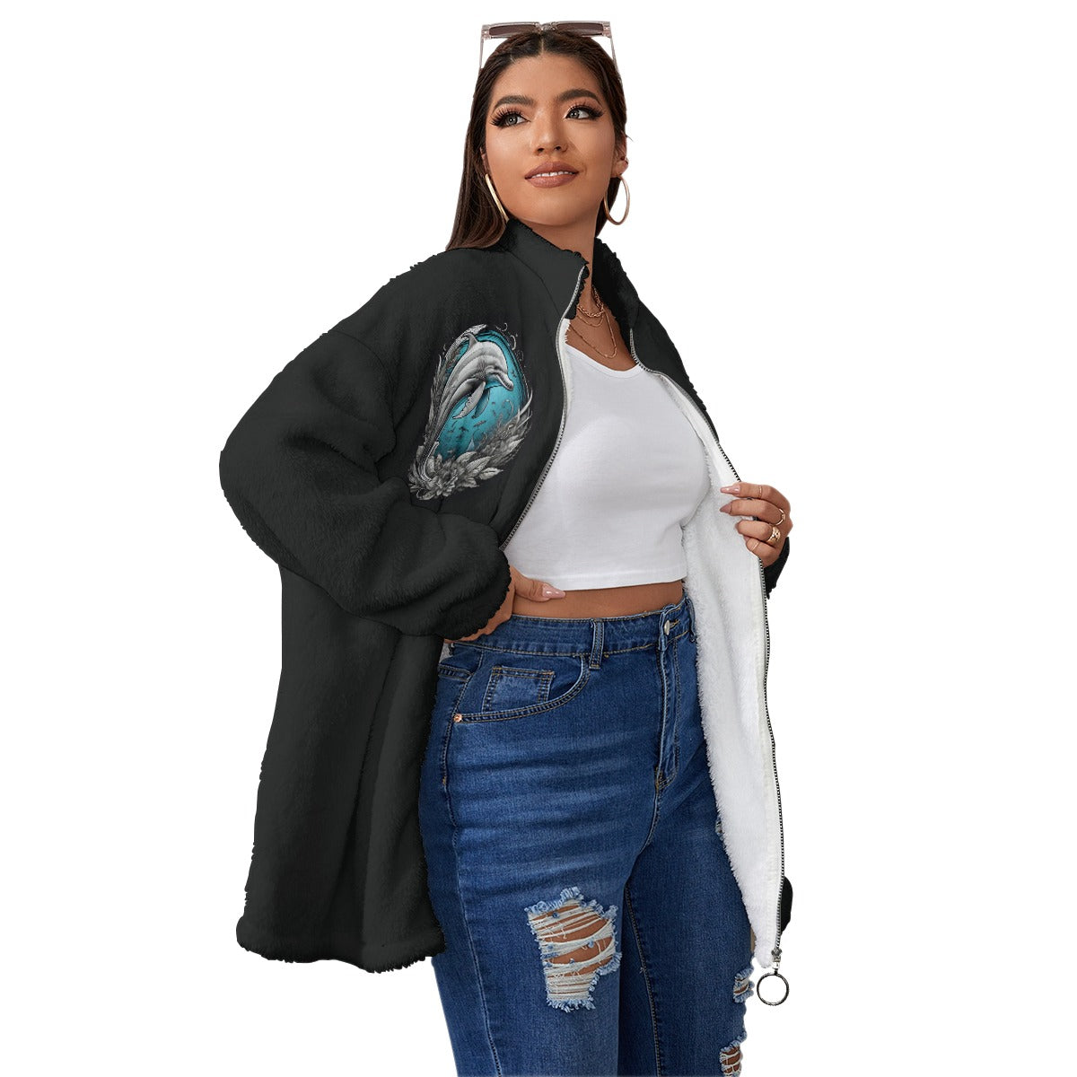 Dolphin - Unisex Borg Fleece Stand-up Collar Coat With Zipper Closure(Plus Size)
