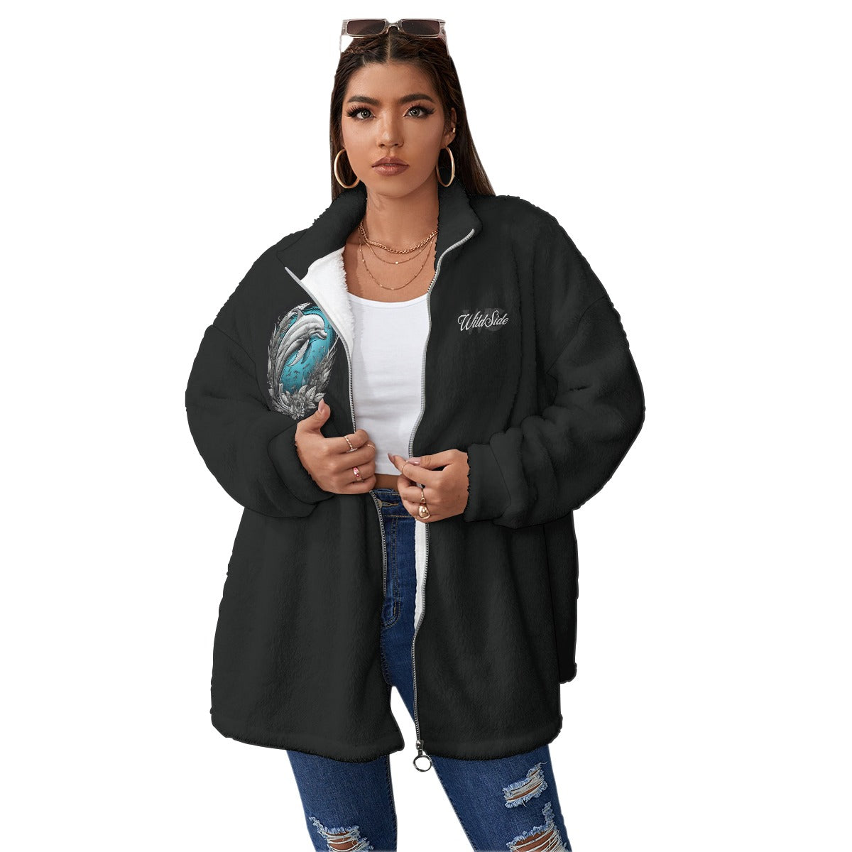 Dolphin - Unisex Borg Fleece Stand-up Collar Coat With Zipper Closure(Plus Size)