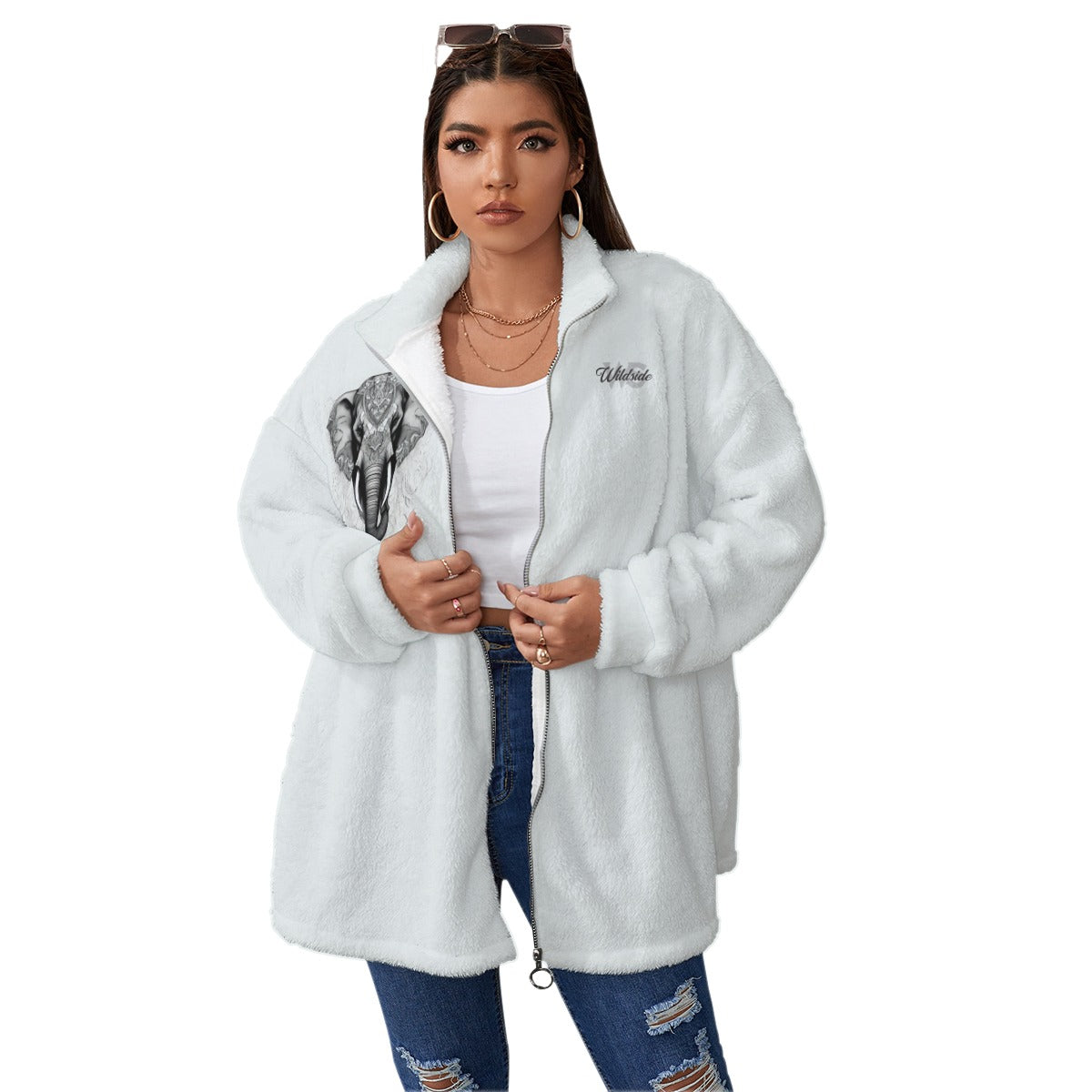 Elephant - Unisex Borg Fleece Stand-up Collar Coat With Zipper Closure