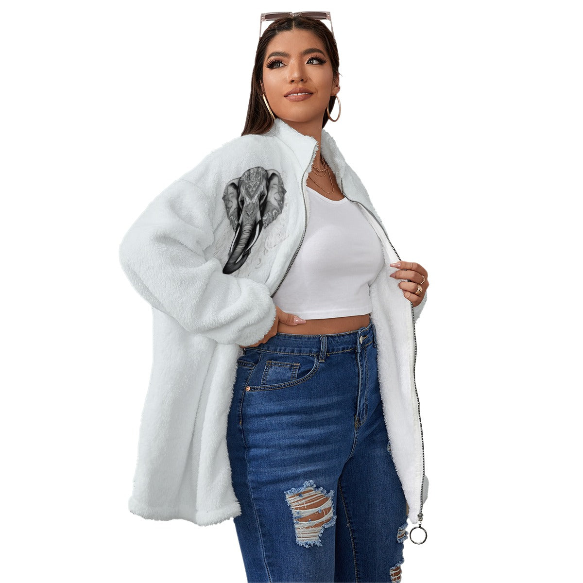 Elephant - Unisex Borg Fleece Stand-up Collar Coat With Zipper Closure