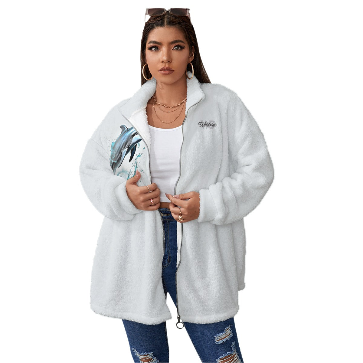 Dolphin Splashing - Borg Fleece Stand-up Collar Coat With Zipper Closure