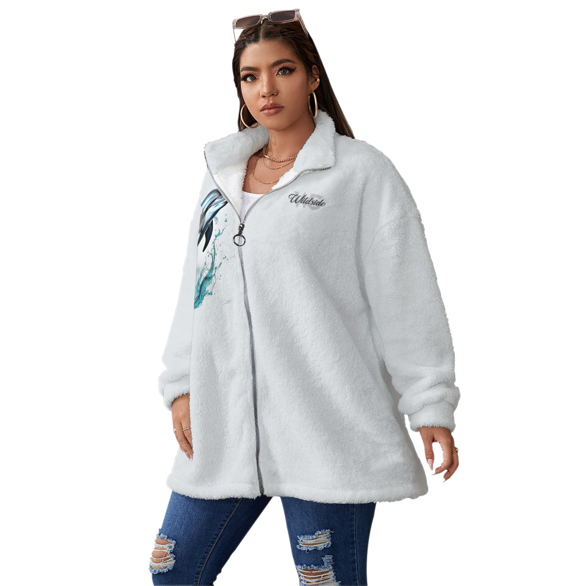 Dolphin Splashing - Borg Fleece Stand-up Collar Coat With Zipper Closure