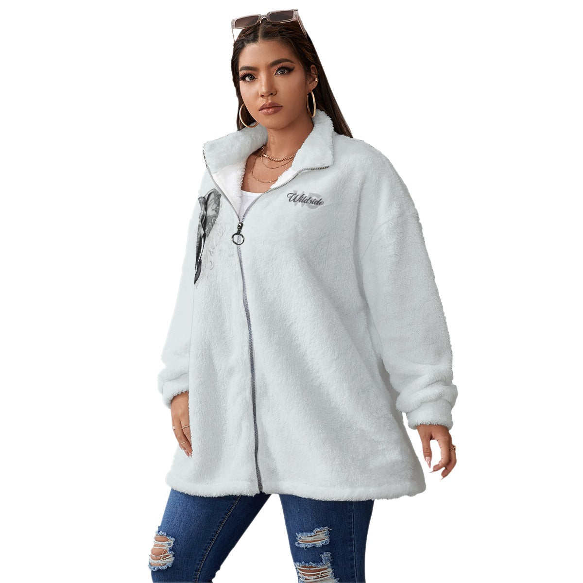 Elephant - Unisex Borg Fleece Stand-up Collar Coat With Zipper Closure