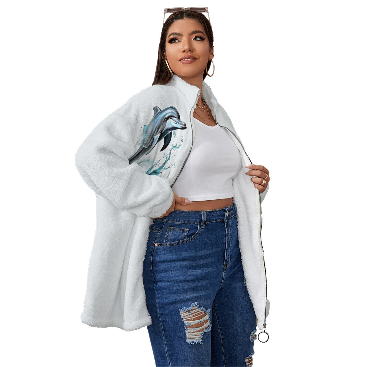 Dolphin Splashing - Borg Fleece Stand-up Collar Coat With Zipper Closure